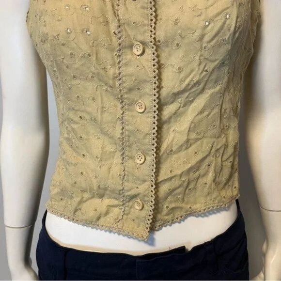 Vintage Boho tan Embroidered Sleeveless cropped top button front small - Picture 4 of 6